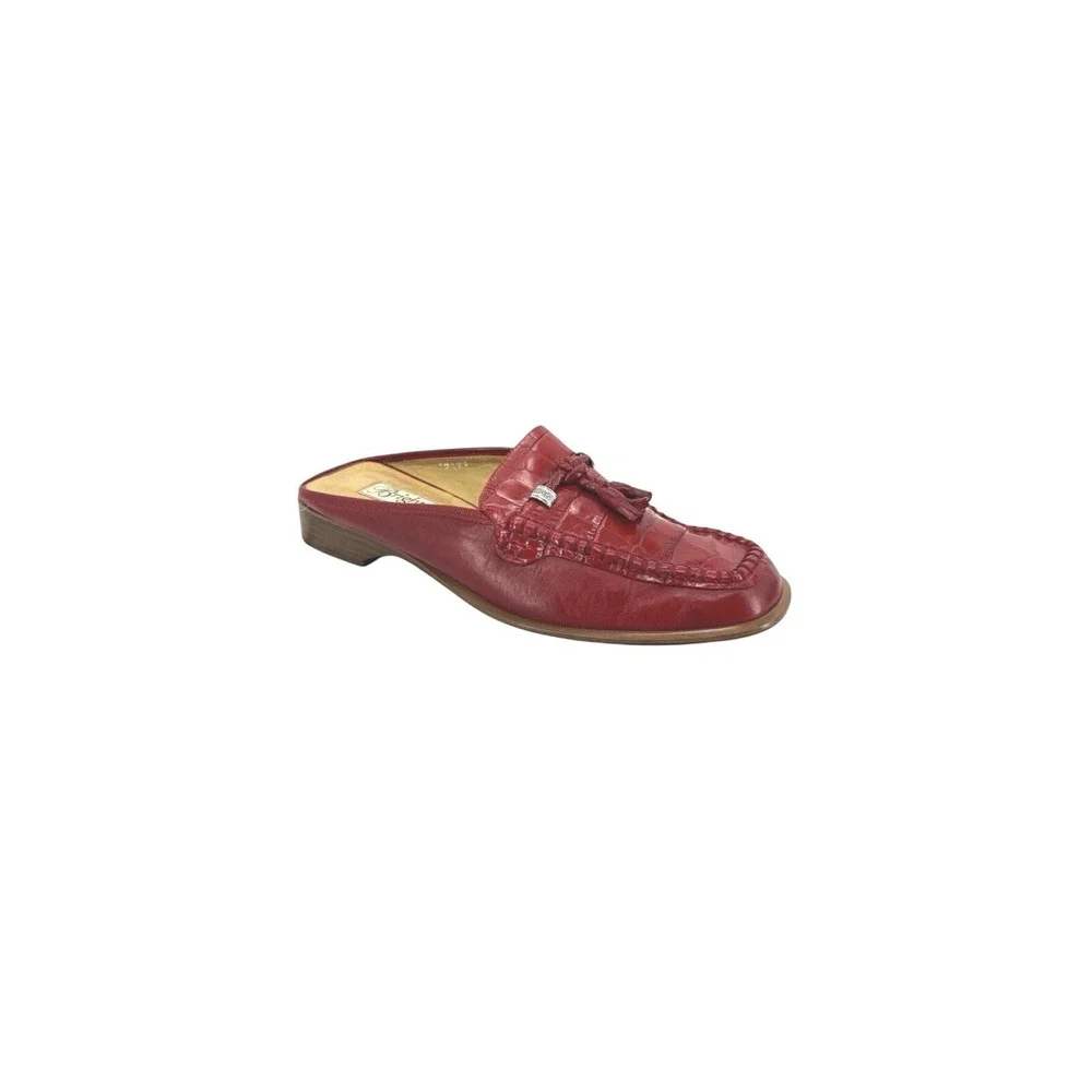 Brighton Julie Women's 7.5 Red Tasseled Croc Leather Loafer Mule Shoe Quiet Luxe